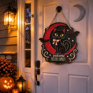 Personalized Halloween Door Sign Custom Family Name, Black Cat Moon Decor, Witchy Bat Hanging Sign, Spooky Front Door Halloween Gift