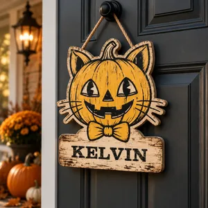 Custom Family Name Halloween Door Sign, Black Cat Pumpkin Decor, Personalized Jack O Lantern Hanging Sign, Cute Halloween Home Gift