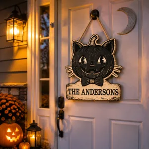 Custom Family Name Halloween Door Sign, Black Cat Pumpkin Decor, Personalized Jack O Lantern Hanging Sign, Cute Halloween Home Gift