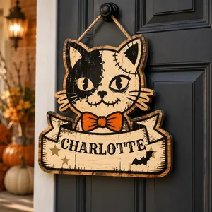 Custom Name Halloween Door Sign, Stitched Cat Decor, Personalized Black Cat Hanging Sign, Cute Gothic Halloween Home Decoration Gift