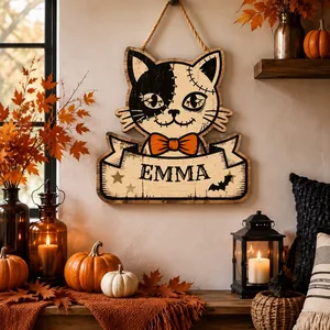 Custom Name Halloween Door Sign, Stitched Cat Decor, Personalized Black Cat Hanging Sign, Cute Gothic Halloween Home Decoration Gift