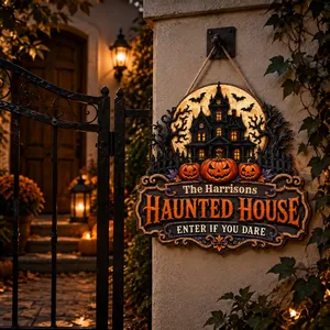 The Family Haunted Manor Personalized Halloween Sign, Custom Name Gothic Castle Decor, Pumpkin Front Door Hanging Decoration