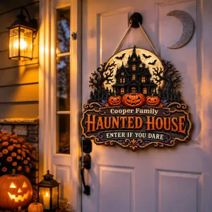 The Family Haunted Manor Personalized Halloween Sign, Custom Name Gothic Castle Decor, Pumpkin Front Door Hanging Decoration