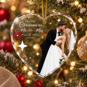 Our First Christmas As Mr & Mrs - Custom Newlywed Couple Photo - Heart Shaped - Personalized Ornament
