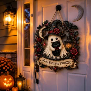 Personalized Halloween Door Sign Custom Name Family Name, Witch Ghost Black Cat Decor, Moon Rose Lantern Hanging Sign, Spooky Front Door Halloween Gift