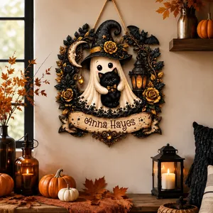 Personalized Halloween Door Sign Custom Name Family Name, Witch Ghost Black Cat Decor, Moon Rose Lantern Hanging Sign, Spooky Front Door Halloween Gift
