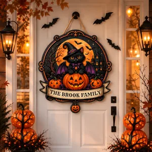 The Black Cat Guards This Home Personalized Halloween Sign, Custom Family Name Pumpkin Witch Decor, Moon Bat Front Door Decoration