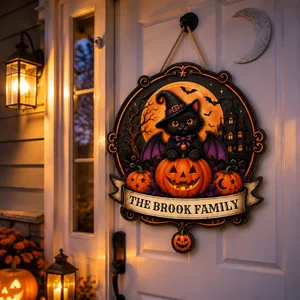 The Black Cat Guards This Home Personalized Halloween Sign, Custom Family Name Pumpkin Witch Decor, Moon Bat Front Door Decoration