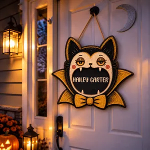 Personalized Halloween Door Sign Custom Name, Vampire Cat Bat Decor, Cute Gothic Cat Hanging Sign, Spooky Room and Front Door Decoration Gift