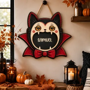 Personalized Halloween Door Sign Custom Name, Vampire Cat Bat Decor, Cute Gothic Cat Hanging Sign, Spooky Room and Front Door Decoration Gift