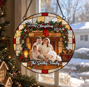 Custom Family Photo Christmas Fireplace Suncatcher