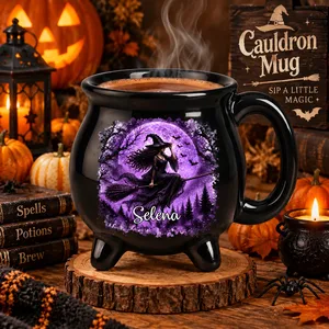 Personalized Witch Flying Broom Halloween Cauldron Mug