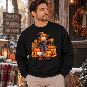 Personalized Autumn Sweatshirt Custom Scarecrow And Name, Pumpkin Sunflower Harvest Shirt