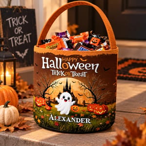 Personalized Trick Or Treat Candy Bucket Custom Character And Name, Happy Halloween Ghost Pumpkin Bag