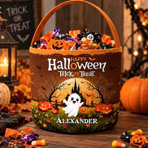Personalized Trick Or Treat Candy Bucket Custom Character And Name, Happy Halloween Ghost Pumpkin Bag