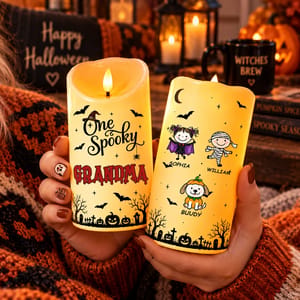 Personalized Halloween Candle Custom Kids Names – Spooky Halloween LED Candle With Witch Mummy & Pumpkin Designs