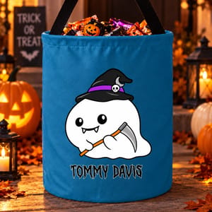 Personalized Ghost Halloween Treat Bag Custom Character And Name, Cute Black Ghost Candy Bucket, Pink Trick Or Treat Kids Gift