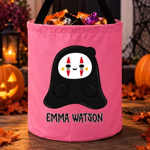 Personalized Ghost Halloween Treat Bag Custom Character And Name, Cute Black Ghost Candy Bucket, Pink Trick Or Treat Kids Gift