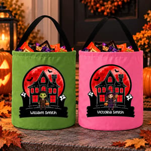 Personalized Frankenstein Trick Or Treat Bag Custom Character And Name, Red Moon Haunted House Candy Bucket