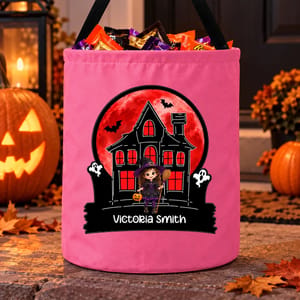 Personalized Frankenstein Trick Or Treat Bag Custom Character And Name, Red Moon Haunted House Candy Bucket
