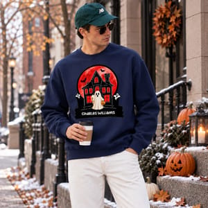 Red Moon Haunted House Sweatshirt - Personalized Ghost Halloween Crewneck Custom Character And Name