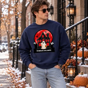 Red Moon Haunted House Sweatshirt - Personalized Ghost Halloween Crewneck Custom Character And Name