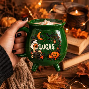 Personalized Cauldron Mug Custom Name, Witch Ghost Pumpkin Coffee Mug, Spells Potions Magic Halloween Cup, Cute Gothic Gift for Her