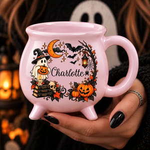 Personalized Cauldron Mug Custom Name, Witch Ghost Pumpkin Coffee Mug, Spells Potions Magic Halloween Cup, Cute Gothic Gift for Her