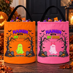 Hangin With My Boos Candy Bucket - Personalized Ghost Halloween Treat Bag Custom Character And Name
