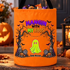 Hangin With My Boos Candy Bucket - Personalized Ghost Halloween Treat Bag Custom Character And Name