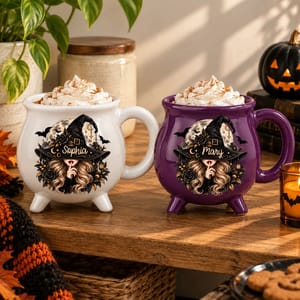Personalized Halloween Cauldron Mug Custom Name, Mysterious Witch Woman Coffee Cup, Gothic Moon Rose Magic Mug, Spooky Halloween Gift