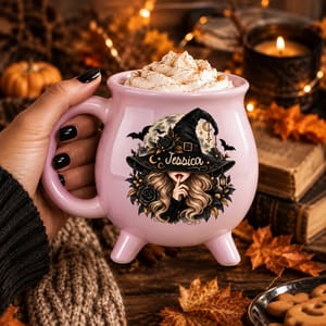 Personalized Halloween Cauldron Mug Custom Name, Mysterious Witch Woman Coffee Cup, Gothic Moon Rose Magic Mug, Spooky Halloween Gift