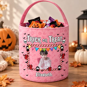 Halloween Picture Treat Bucket - Personalized Trick Or Treat Candy Bag Custom Photo With Name