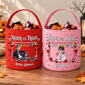 Halloween Picture Treat Bucket - Personalized Trick Or Treat Candy Bag Custom Photo With Name