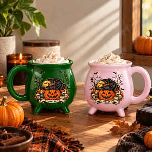Personalized Halloween Cauldron Mug Custom Name, Black Cat Pumpkin Witch Mug, Spooky Harvest Coffee Cup, Cute Gothic Halloween Gift