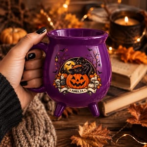 Personalized Halloween Cauldron Mug Custom Name, Black Cat Pumpkin Witch Mug, Spooky Harvest Coffee Cup, Cute Gothic Halloween Gift
