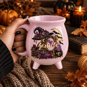 Custom Name Cauldron Mug, Personalized Witch Potion Halloween Cup, Purple Gothic Moon Coffee Mug, Witchy Gift for Her