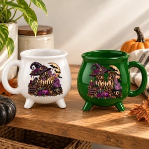 Custom Name Cauldron Mug, Personalized Witch Potion Halloween Cup, Purple Gothic Moon Coffee Mug, Witchy Gift for Her