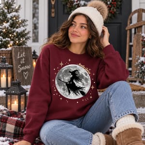 Custom Name Halloween Sweatshirt Flying Witch and Moon Design with Background Options