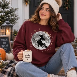 Custom Name Halloween Sweatshirt Flying Witch and Moon Design with Background Options