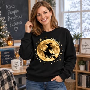 Custom Name Halloween Sweatshirt Flying Witch and Moon Design with Background Options