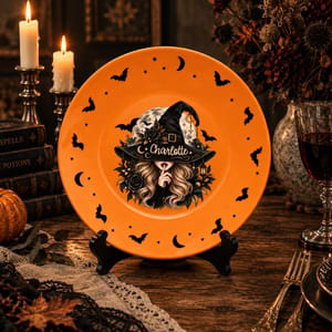 Personalized Halloween Plate Custom Name, Mysterious Witch Moon Bat Decor, Gothic Witch Serving Plate, Spooky Seasonal Gift
