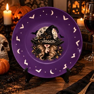 Personalized Halloween Plate Custom Name, Mysterious Witch Moon Bat Decor, Gothic Witch Serving Plate, Spooky Seasonal Gift