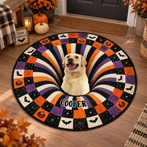 Personalized Quilted Floor Mat Custom Pet Photo Name – Halloween Pumpkin Bat Paw Print Dog Cat Floor Rug