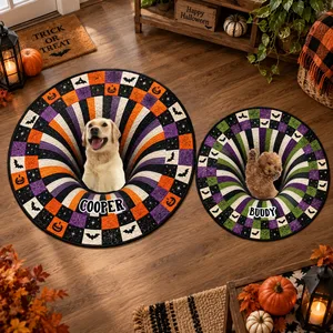 Personalized Quilted Floor Mat Custom Pet Photo Name – Halloween Pumpkin Bat Paw Print Dog Cat Floor Rug