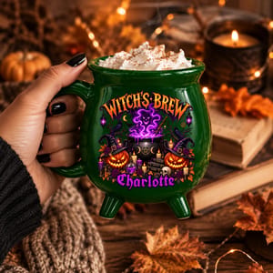Custom Name Halloween Cauldron Mug, Personalized Witch’s Brew Coffee Cup, Purple Potion Pumpkin Mug, Gothic Gift for Her