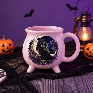 Personalized Halloween Cauldron Mug Custom Name, Midnight Witch and Black Cat Coffee Cup, Purple Moon Magic Mug, Witchy Gift for Her