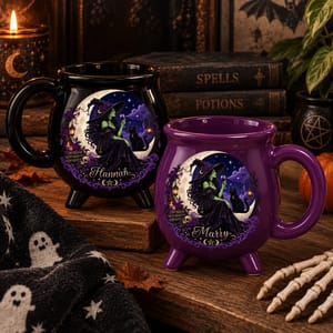 Personalized Halloween Cauldron Mug Custom Name, Midnight Witch and Black Cat Coffee Cup, Purple Moon Magic Mug, Witchy Gift for Her