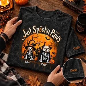 Personalized Washed T-Shirt Custom Dog Names – Just Spooky Paws Halloween Skeleton Dog Graphic Tee
