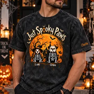 Personalized Washed T-Shirt Custom Dog Names – Just Spooky Paws Halloween Skeleton Dog Graphic Tee